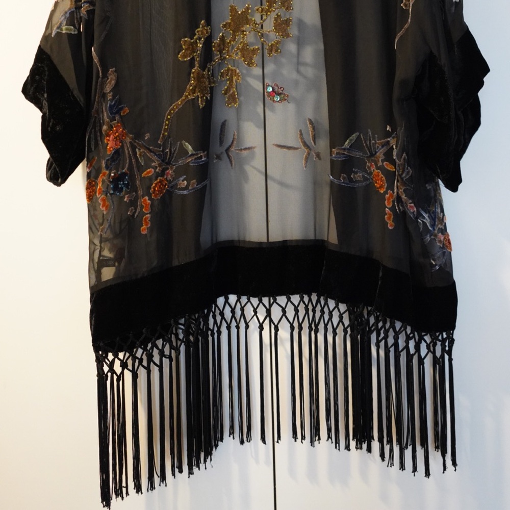 Silk kimono jacket with velvet, sequins and fringe